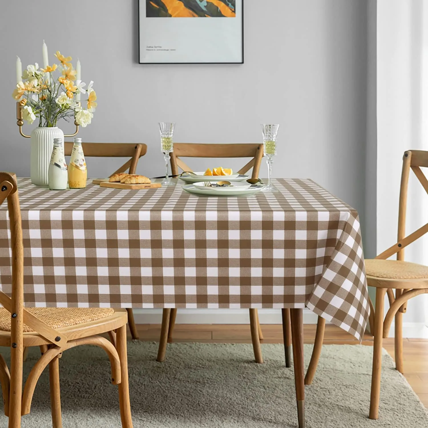 sancua Checkered Vinyl Rectangle Tablecloth, 60 x 84 Inch, 100% Waterproof Oil Proof Spill Proof PVC Table Cloth, Wipe Clean Table Cover for Dining Tables, Buffet Parties, Coffee and White
