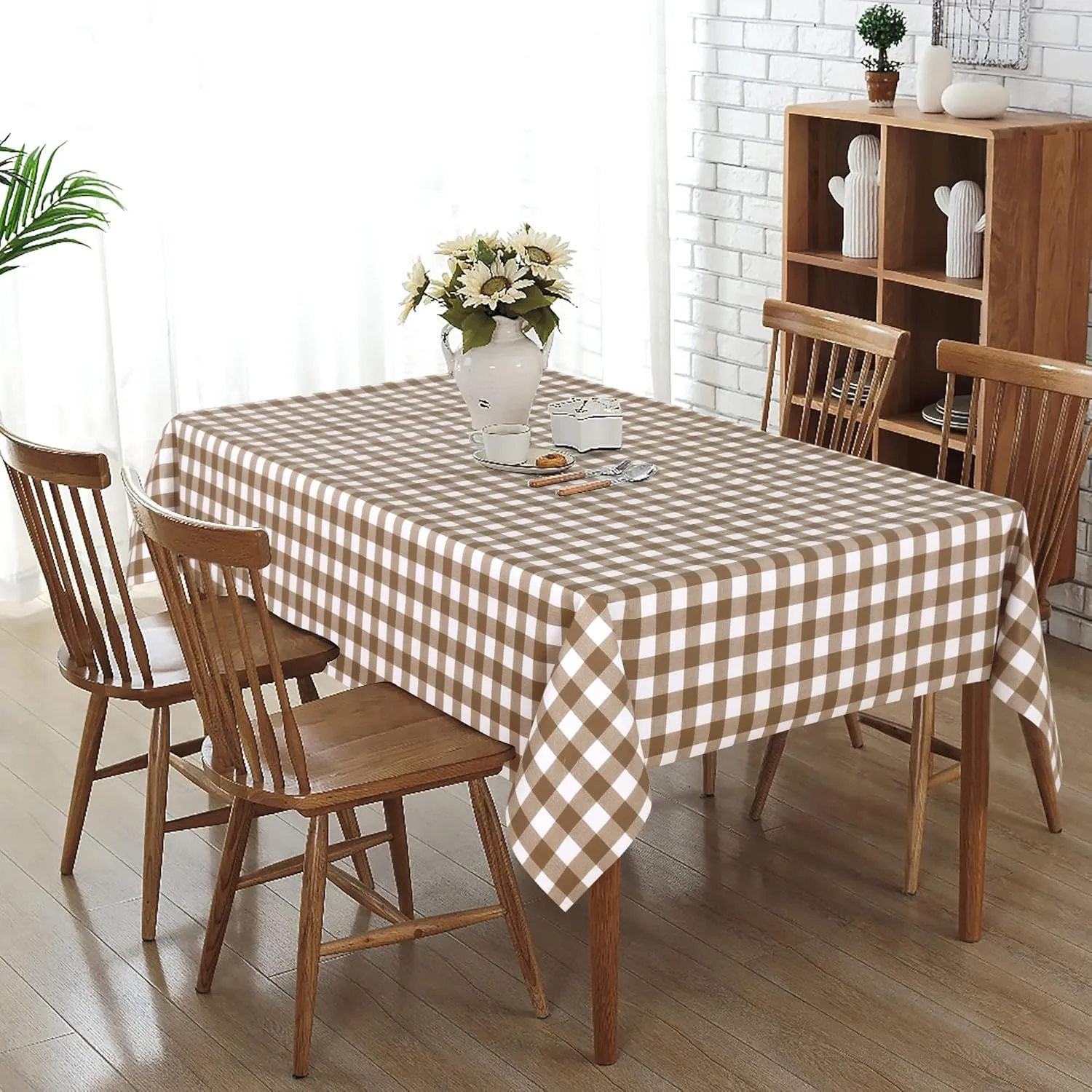 sancua Checkered Vinyl Rectangle Tablecloth, 60 x 84 Inch, 100% Waterproof Oil Proof Spill Proof PVC Table Cloth, Wipe Clean Table Cover for Dining Tables, Buffet Parties, Coffee and White