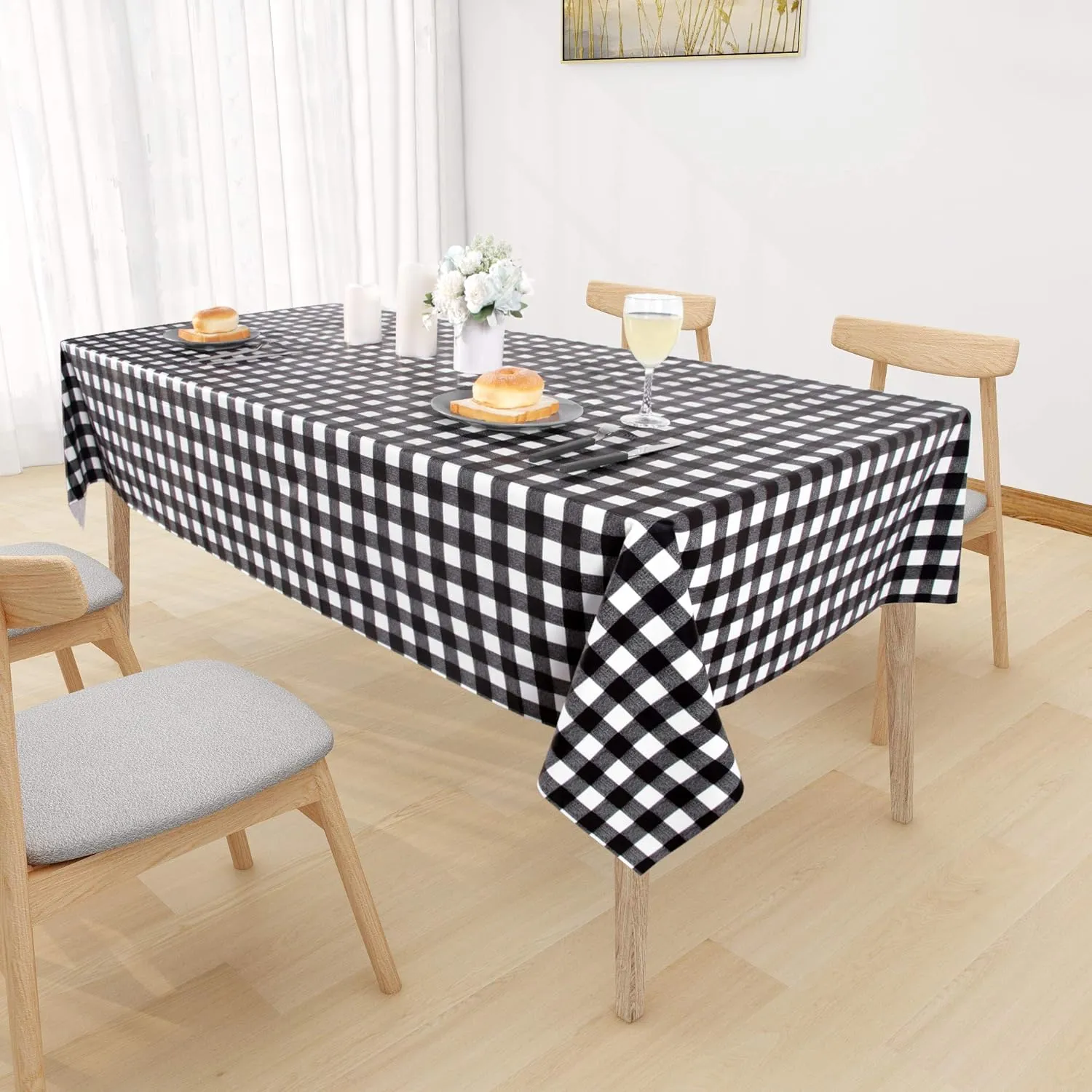 sancua Checkered Vinyl Rectangle Tablecloth - 60 x 84 Inch - 100% Waterproof Oil Spill Proof PVC Table Cloth, Wipe Clean Table Cover for Dining Tables, Buffet Parties and Camping, Black and White