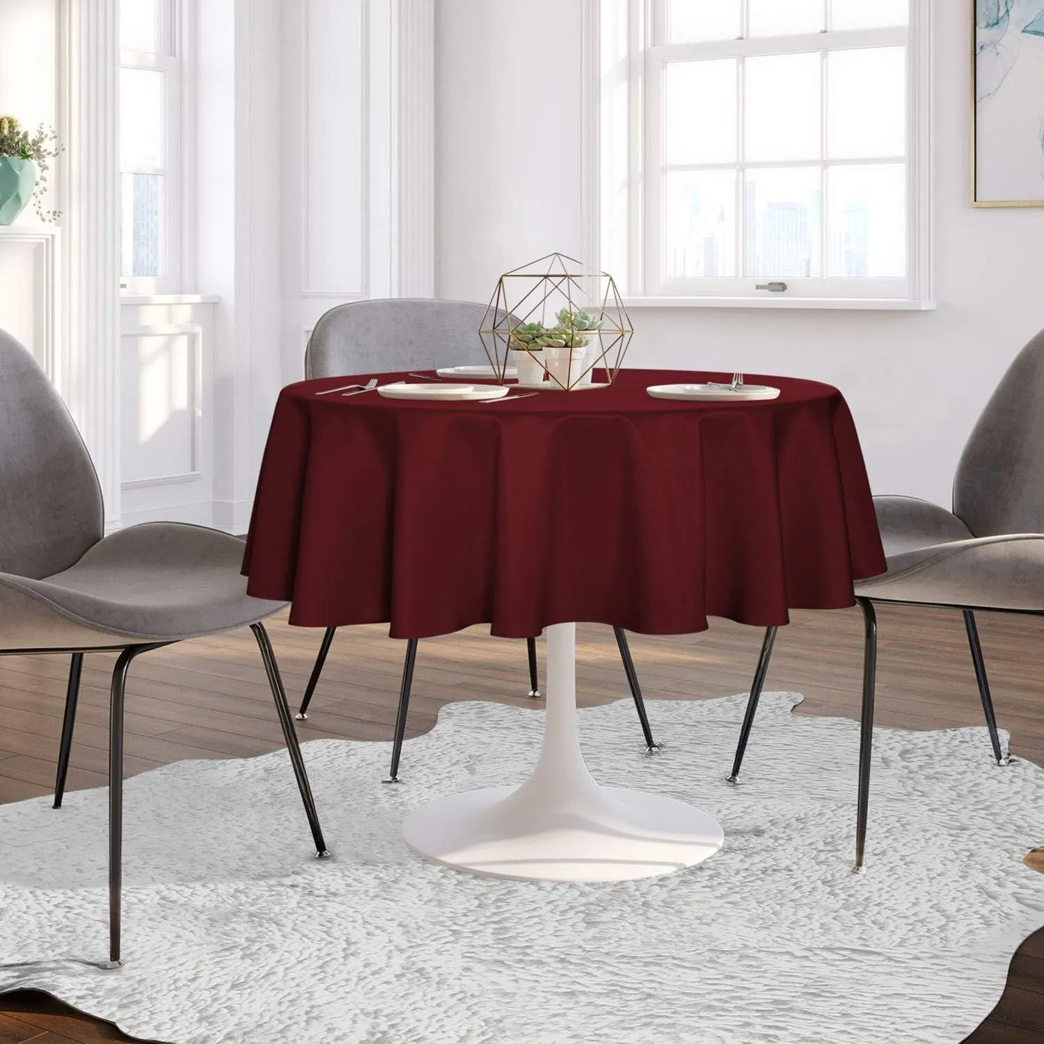 sancua Round Tablecloth - 48 Inch - Water Resistant Spill Proof Washable Polyester Table Cloth Decorative Fabric Table Cover for Dining Tables, Buffet Parties and Camping, Burgundy