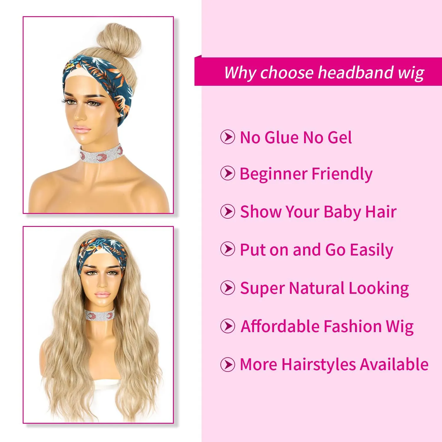 SAPPHIREWIGS Headband Wigs Synthetic Long Wavy Ash Blonde Color Wigs for Black Women Natural Looking High Density Glueless Synthetic Wig Heat Resistant 26inch