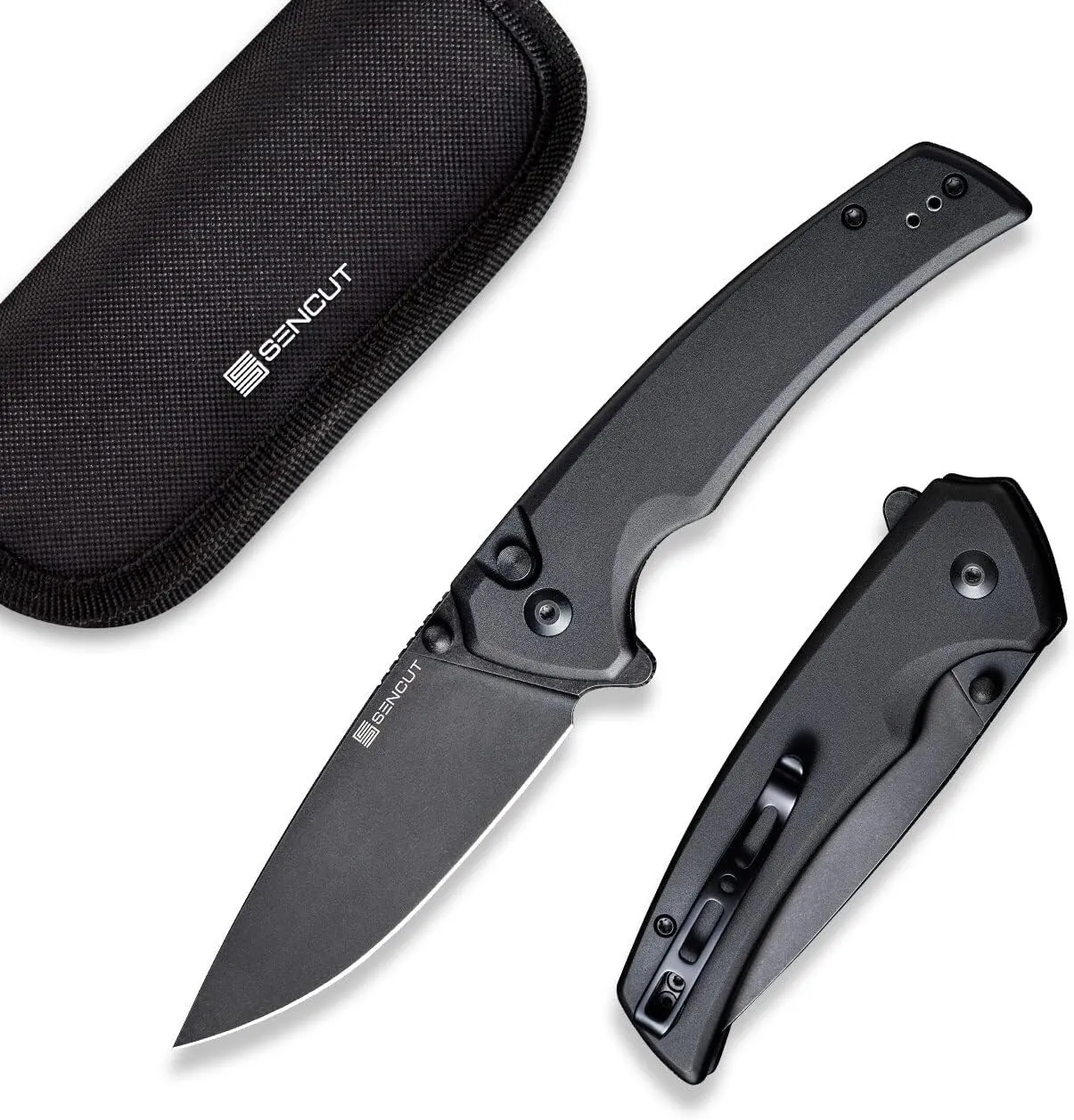 SENCUT Button Lock Pocket Knife for EDC, Serene Folding Knife, Thumb Stud & Flipper Opener, Aluminum Handle with 3.48" D2 Black Stonewashed Blade for Outdoor, Camping, Hunting S21022B-1 (Black)