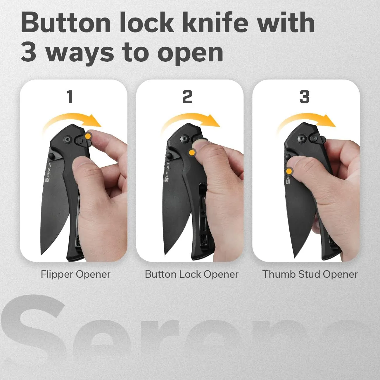 SENCUT Button Lock Pocket Knife for EDC, Serene Folding Knife, Thumb Stud & Flipper Opener, Aluminum Handle with 3.48" D2 Black Stonewashed Blade for Outdoor, Camping, Hunting S21022B-1 (Black)