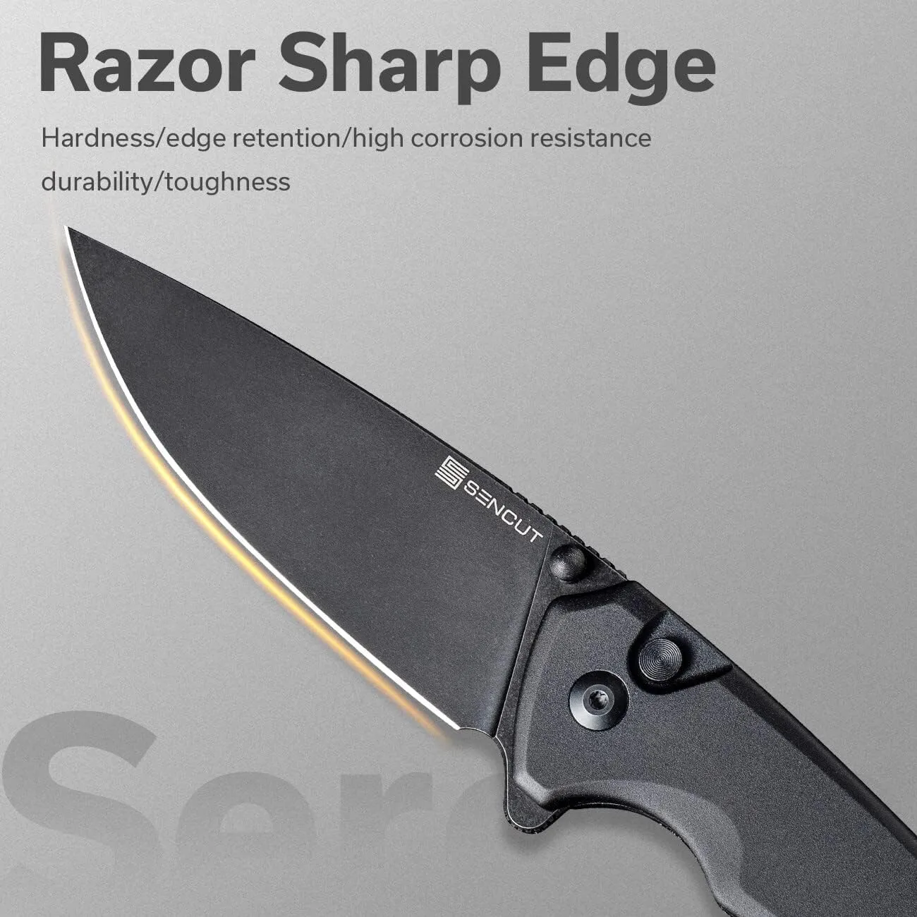 SENCUT Button Lock Pocket Knife for EDC, Serene Folding Knife, Thumb Stud & Flipper Opener, Aluminum Handle with 3.48" D2 Black Stonewashed Blade for Outdoor, Camping, Hunting S21022B-1 (Black)