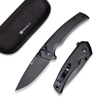 SENCUT Button Lock Pocket Knife for EDC, Serene Folding Knife, Thumb Stud & Flipper Opener, Aluminum Handle with 3.48" D2 Black Stonewashed Blade for Outdoor, Camping, Hunting S21022B-1 (Black)