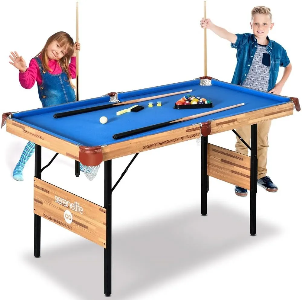 SereneLife 4.5ft Folding Pool Table, 55in Portable Foldable Billiards Game Table for Kids and Adults with Accessories, Indoor and Outdoor Games with Sticks, Cue, Balls and Triangle, Blue