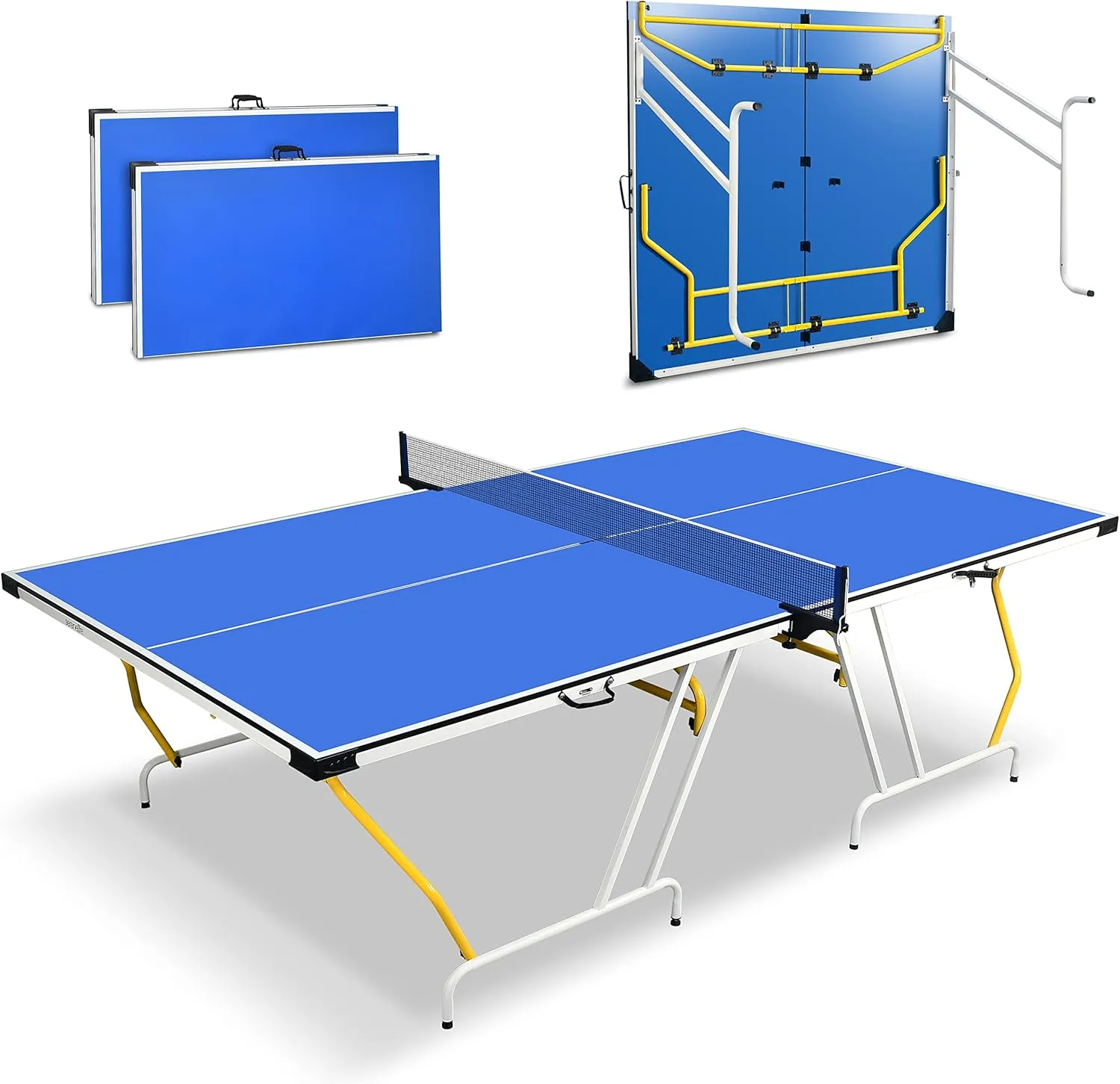 SereneLife Full Size Folding Ping Pong Table Set with Net, Clipper, Post - 9’ x 5’ Foldable and Easy to Store Space-Saving Design, Blue
