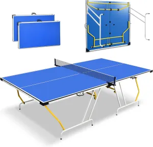 SereneLife Full Size Folding Ping Pong Table Set with Net, Clipper, Post - 9’ x 5’ Foldable and Easy to Store Space-Saving Design, Blue