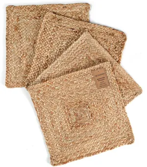 Set of 4 Handcrafted Jute Braided Placemats 14x14 Square 100% Jute - Handwoven Farmhouse Rustic Vintage, Durable Non-Slip Heat Resistant for Dining, Kitchen, Coffee Table Décor Table Mats