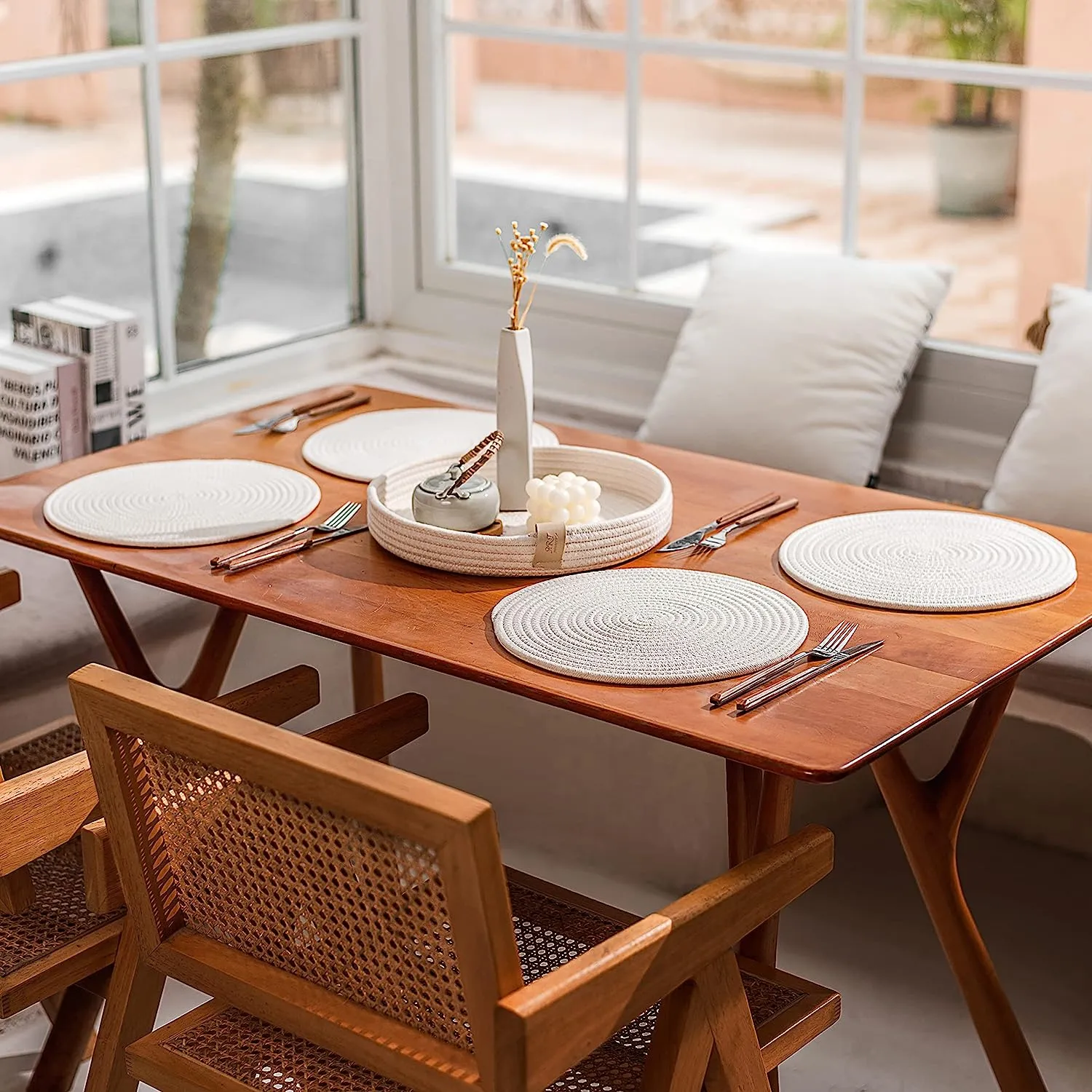 Set of 4 Round Woven Cotton Rope Placemats - Non-Slip and Heat Resistant