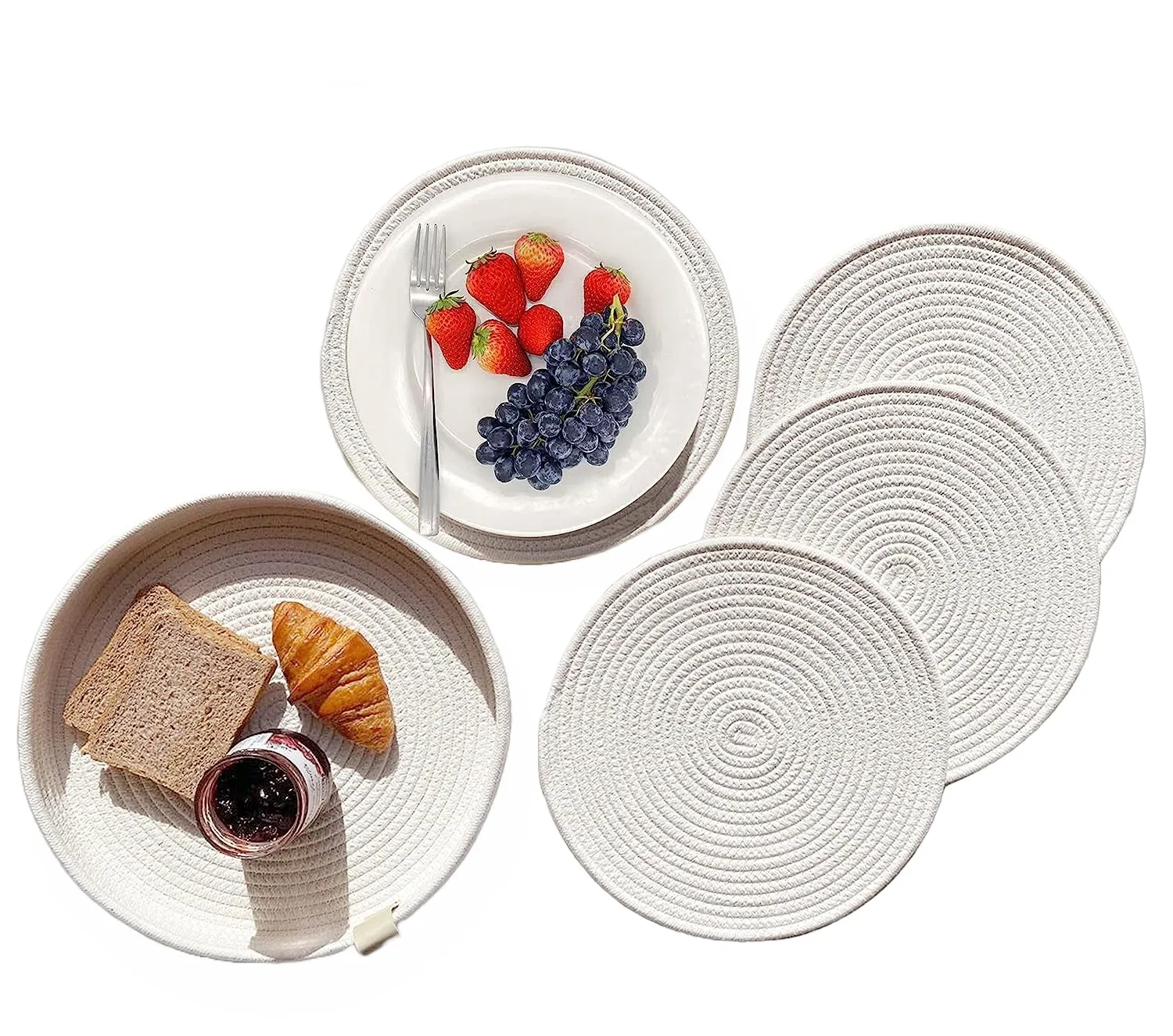 Set of 4 Round Woven Cotton Rope Placemats - Non-Slip and Heat Resistant