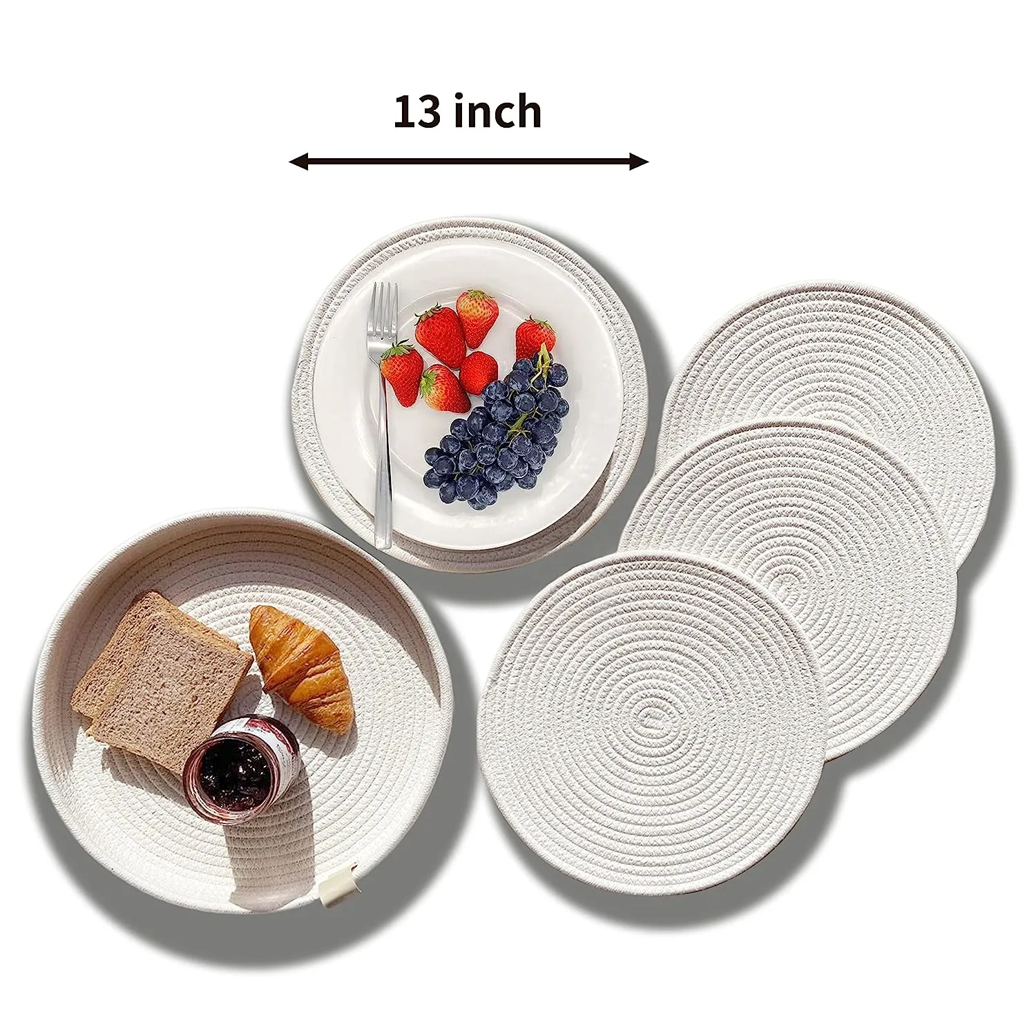 Set of 4 Round Woven Cotton Rope Placemats - Non-Slip and Heat Resistant
