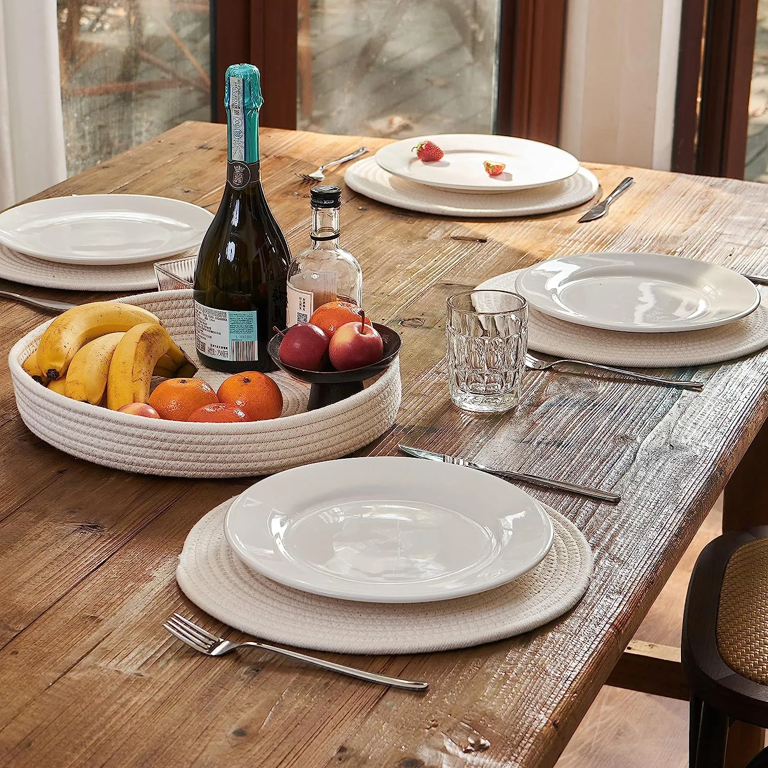 Set of 4 Round Woven Cotton Rope Placemats - Non-Slip and Heat Resistant