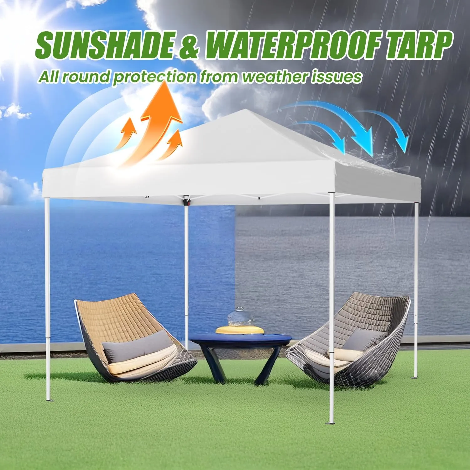 Shades 10x10 Pop Up Canopy, Heavy Duty Beach Tent with Carrying Bag for Easy Moving, Sun Shelter for Parties, Events, Camping, Outdoor Gazebo with 420D PU Coated Waterproof White Fabric