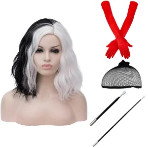 Short Bob Wavy Curly Wig Black and White Wig For Women Cosplay Halloween Wigs Heat Resistant Bob Party Wig Include Wig Cap (Black and White)
