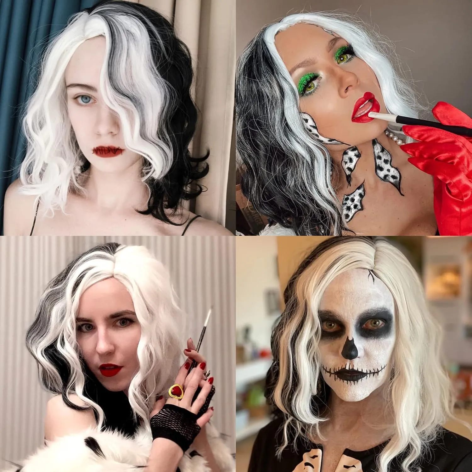 Short Bob Wavy Curly Wig Black and White Wig For Women Cosplay Halloween Wigs Heat Resistant Bob Party Wig Include Wig Cap (Black and White)