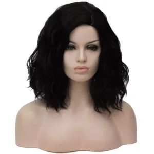 Short Bob Wavy Curly Wig Black Wig For Women Cosplay Halloween Wigs Heat Resistant Bob Party Wig Include Wig Cap (Dark Black)