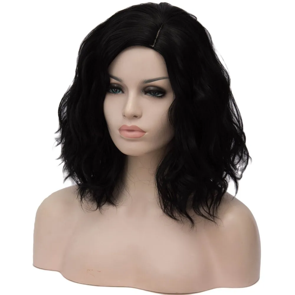 Short Bob Wavy Curly Wig Black Wig For Women Cosplay Halloween Wigs Heat Resistant Bob Party Wig Include Wig Cap (Dark Black)
