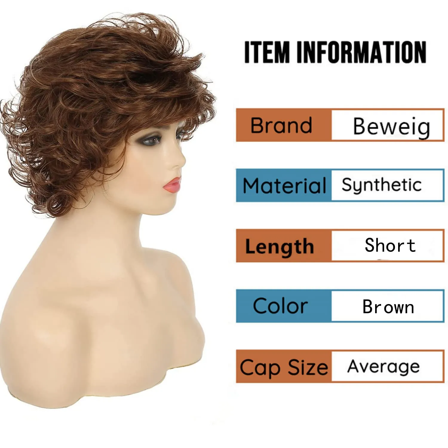 Short Wavy Brown Wigs for Women Fluffy Wavy Layered Wigs Synthetic Heat Resistant Halloween Cosplay Hair Wig with Wig Cap
