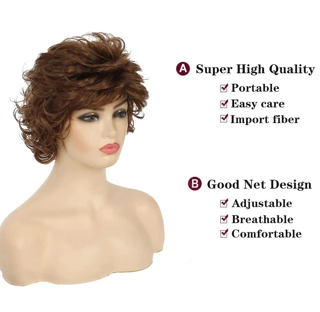 Short Wavy Brown Wigs for Women Fluffy Wavy Layered Wigs Synthetic Heat Resistant Halloween Cosplay Hair Wig with Wig Cap