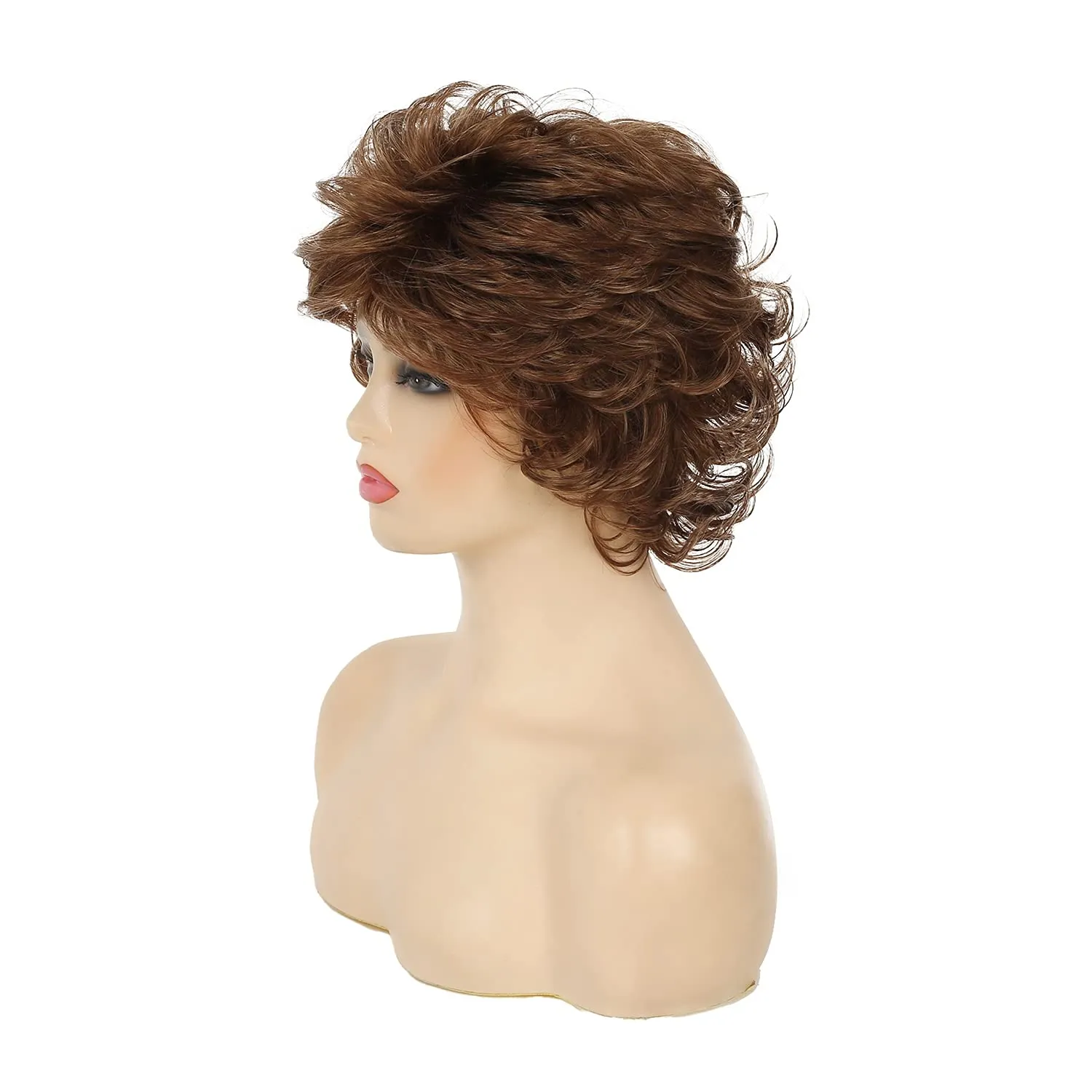 Short Wavy Brown Wigs for Women Fluffy Wavy Layered Wigs Synthetic Heat Resistant Halloween Cosplay Hair Wig with Wig Cap