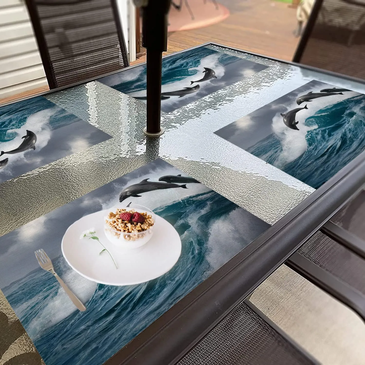 Shrahala Sea Blue Nature Ocean Placemats, Grey Dolphin Table Mat Linen Burlap Washable Double-Deck Heat Insulation for Dining Table Kitchen Table Set of 4 (12 x 18 inch)