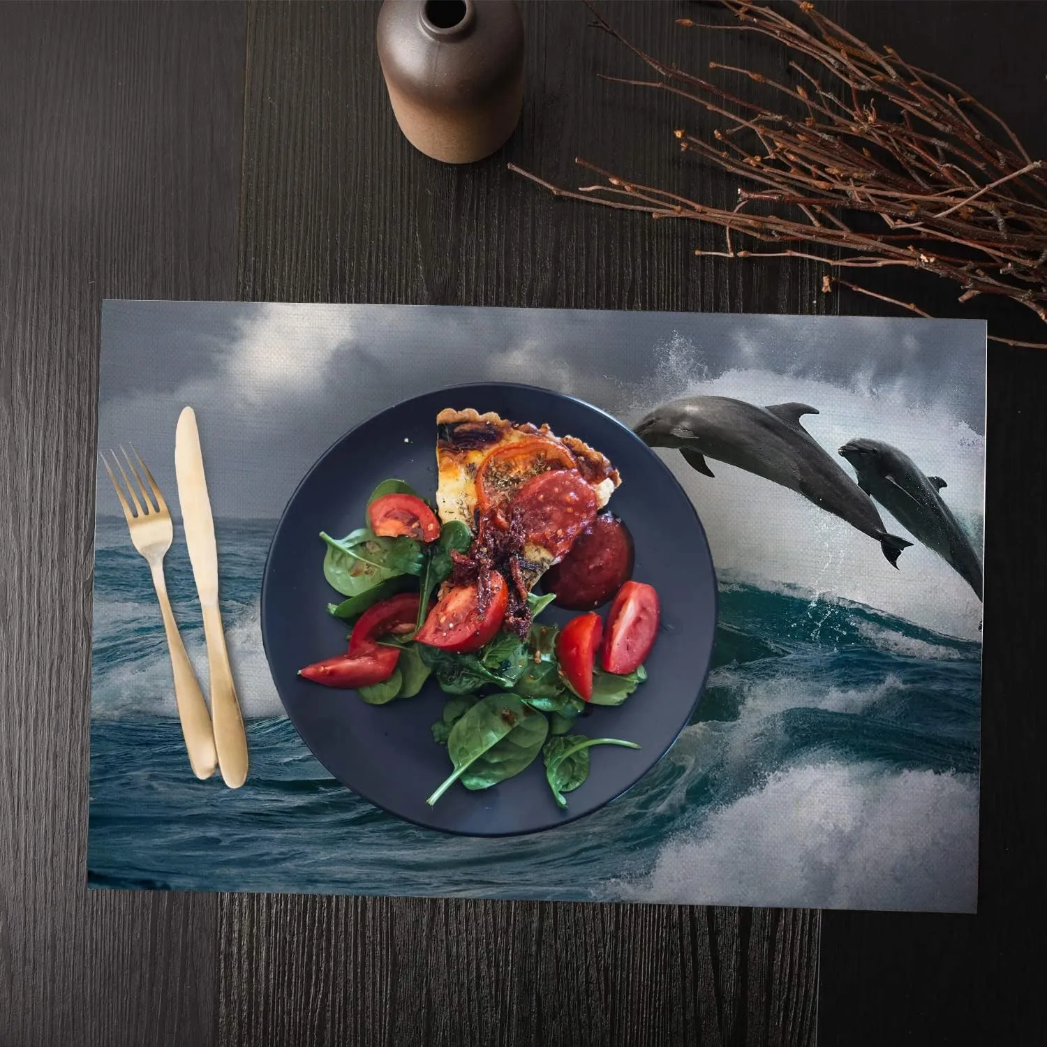 Shrahala Sea Blue Nature Ocean Placemats, Grey Dolphin Table Mat Linen Burlap Washable Double-Deck Heat Insulation for Dining Table Kitchen Table Set of 4 (12 x 18 inch)