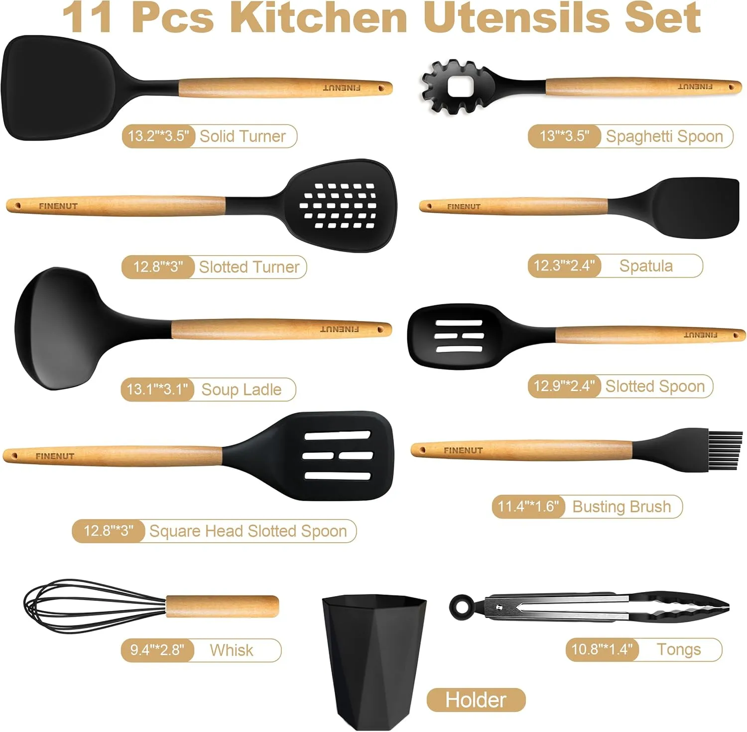 Silicone Cooking Utensils Set 11PCS - BPA-Free & Non-Toxic 446°F Heat Resistant, Wooden Handle Kitchen Tools for Nonstick Cookware, Heat Resistant & Scratch-Proof Includes Spatula/Turner/Ladle (Black)