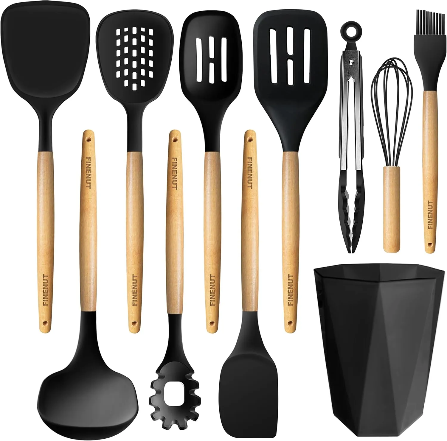 Silicone Cooking Utensils Set 11PCS - BPA-Free & Non-Toxic 446°F Heat Resistant, Wooden Handle Kitchen Tools for Nonstick Cookware, Heat Resistant & Scratch-Proof Includes Spatula/Turner/Ladle (Black)