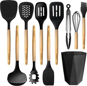 Silicone Cooking Utensils Set 11PCS - BPA-Free & Non-Toxic 446°F Heat Resistant, Wooden Handle Kitchen Tools for Nonstick Cookware, Heat Resistant & Scratch-Proof Includes Spatula/Turner/Ladle (Black)