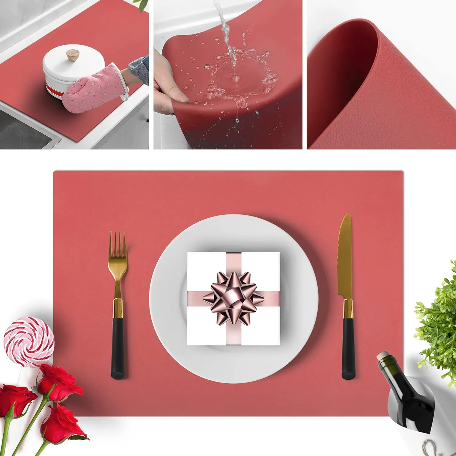 Silicone Placemats, Placemats for Dining Table, Kids Placemats Set of 4, Non-Slip,Waterproof, Heat Resistant Table Protector, Outdoor Placemat for Patio Table (Wine Red)