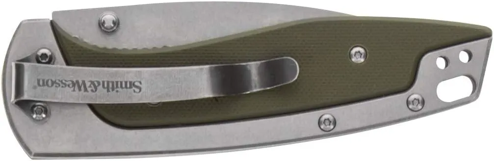 Smith & Wesson Freighter 7.6in High Carbon S.S. Folding Knife with 3.2in Drop Point Blade and Stainless/G10 Handle for Outdoor, Tactical, Survival and EDC