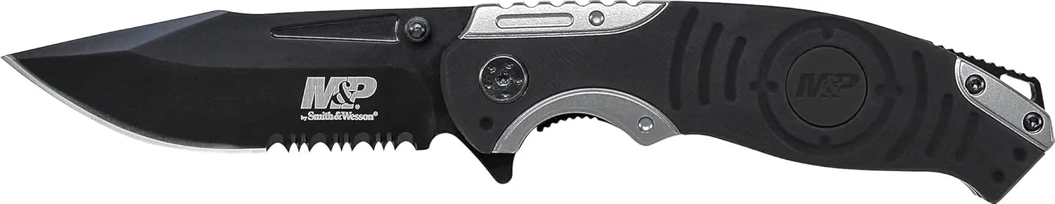 Smith & Wesson M&P SWMP13GS 8.2in High Carbon S.S. Folding Knife with 3.5in Serrated Clip Point Blade and Aluminum Handle for Outdoor, Tactical, Survival and EDC,Black