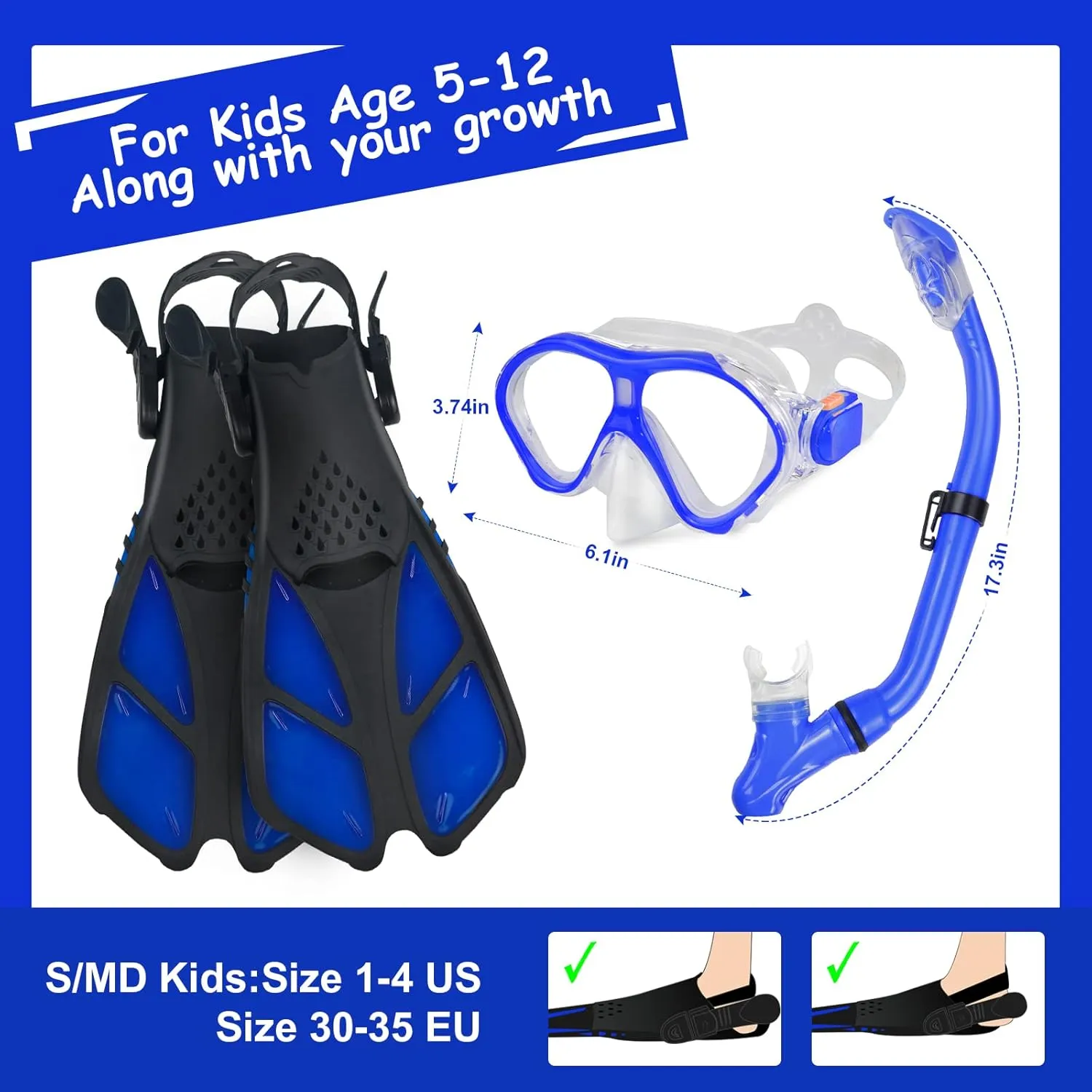 Snorkeling Gear for Kids with Panoramic Snorkling Mask Foldable Dry Snorkel Adjustable Fins Travel Bags,Suitable for 5-12 Years Old Kids Children Youth Boys Girls