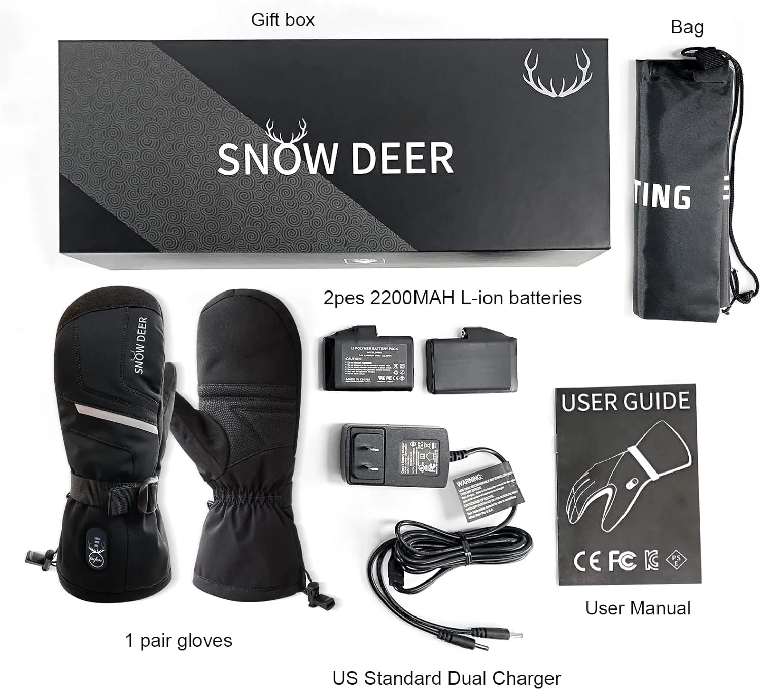 SNOW DEER Heated Ski Mittens for Men Women, Electric Mitts Gloves Rechargeable Battery Heated Hand Glove for Arthritis Skiing Hiking