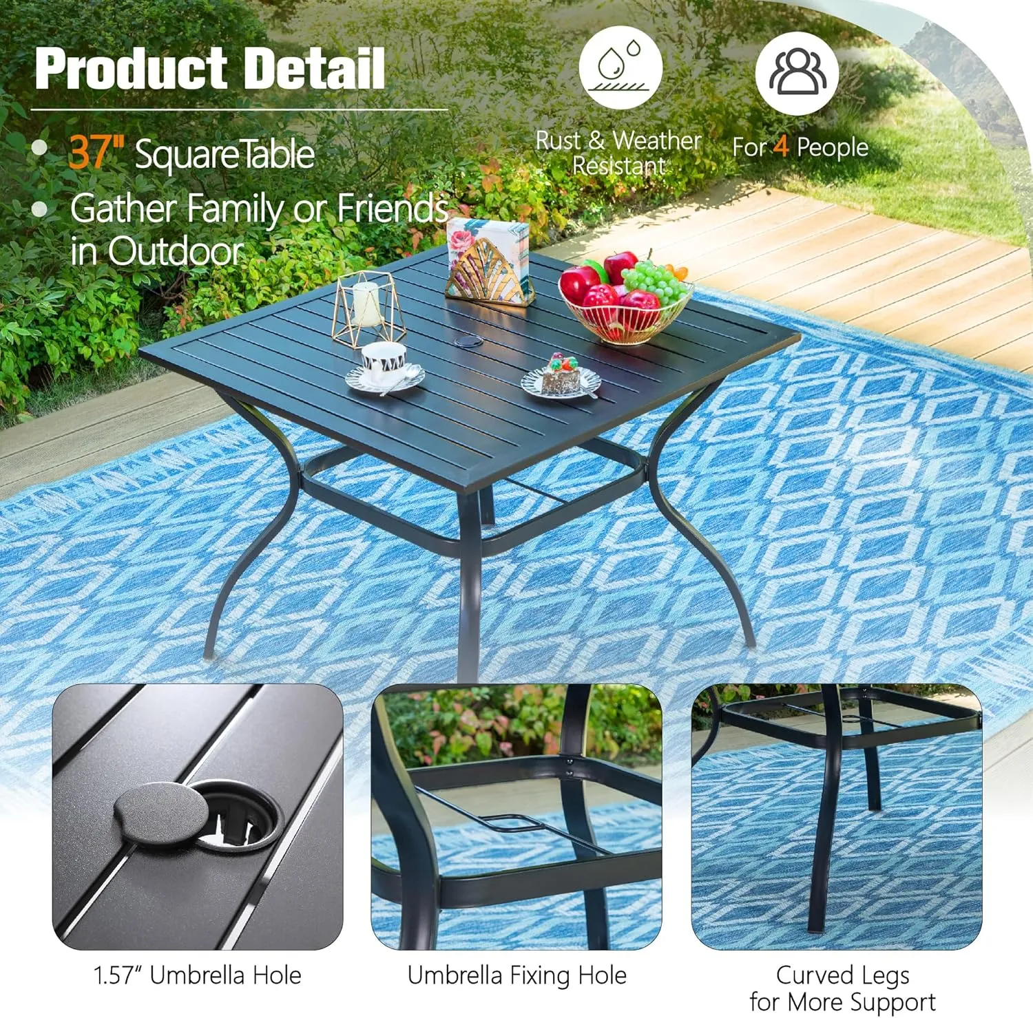 Sophia & William 37" Square Patio Outdoor Dining Table with 1.57" Umbrella Hole, All-Weather Resistant Table with E-Coating for 4 People, Black Metal Steel Slated Table for Garden Backyard Poolside