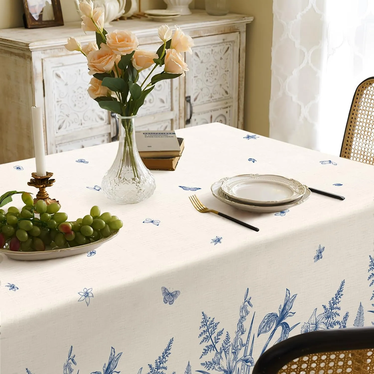 Spring Tablecloth Green Plants Blue Flowers Waterproof Fabric ， Rectangle Watercolor Oil-Proof Wrinkle Resistant Table Cover for Dining Table, Buffet Parties and Camping (60" x 120")