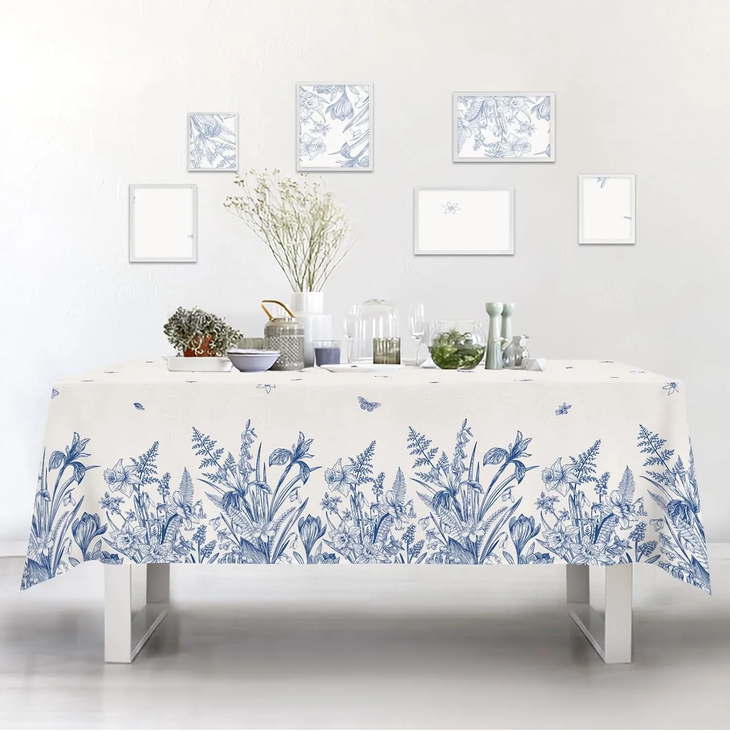 Spring Tablecloth Green Plants Blue Flowers Waterproof Fabric ， Rectangle Watercolor Oil-Proof Wrinkle Resistant Table Cover for Dining Table, Buffet Parties and Camping (60" x 120")