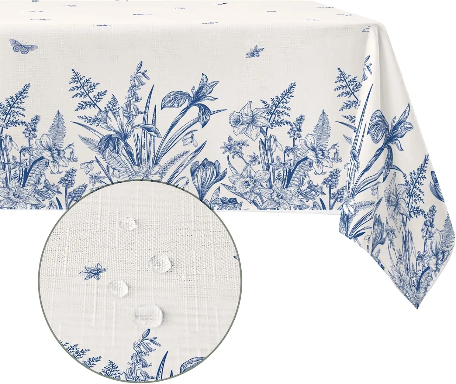 Spring Tablecloth Green Plants Blue Flowers Waterproof Fabric ， Rectangle Watercolor Oil-Proof Wrinkle Resistant Table Cover for Dining Table, Buffet Parties and Camping (60" x 120")