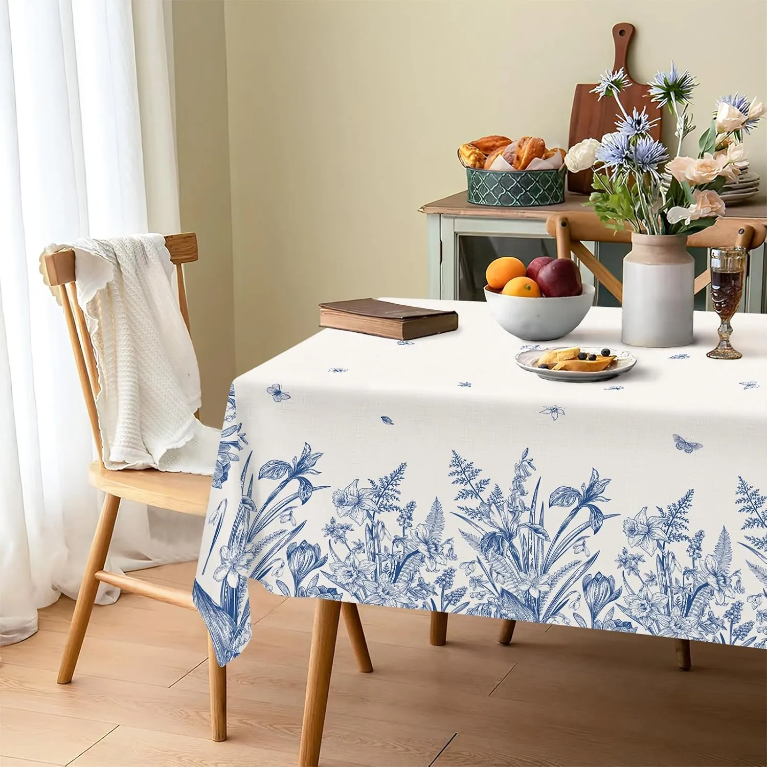 Spring Tablecloth Green Plants Blue Flowers Waterproof Fabric ， Rectangle Watercolor Oil-Proof Wrinkle Resistant Table Cover for Dining Table, Buffet Parties and Camping (60" x 120")