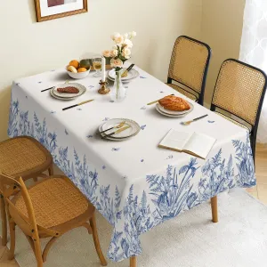 Spring Tablecloth Green Plants Blue Flowers Waterproof Fabric ， Rectangle Watercolor Oil-Proof Wrinkle Resistant Table Cover for Dining Table, Buffet Parties and Camping (60" x 120")