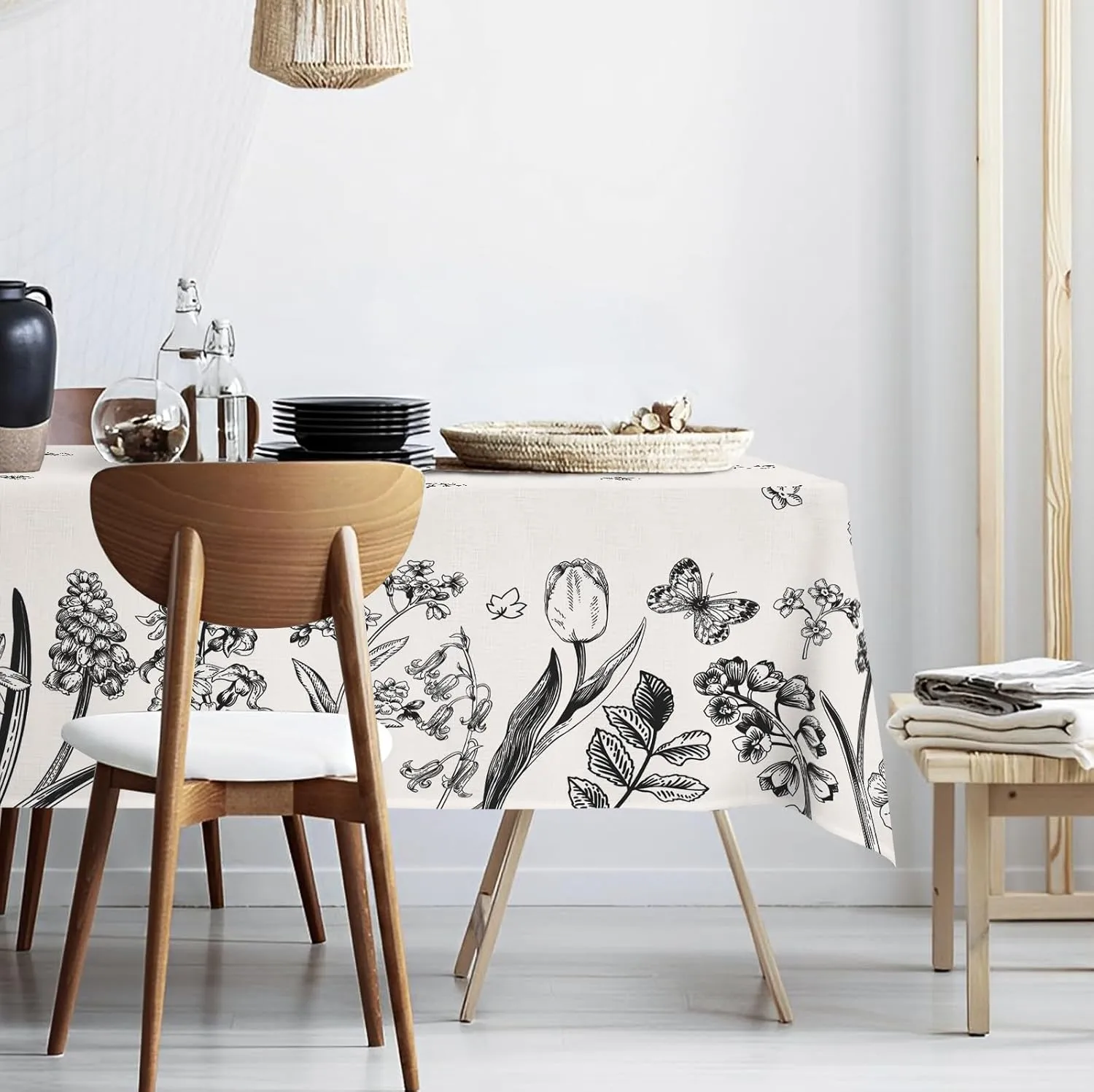 Spring Tablecloth,Green Plants Wild Fern Rectangle Watercolor,Black Flower,Waterproof Fabric,Oilproof Wrinkle Resistant Table Cover for Dining Table,Buffet Parties and Camping, (60" x 120")