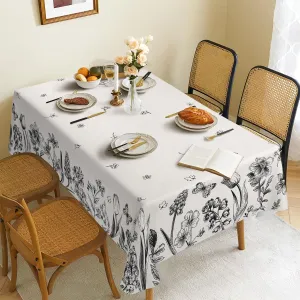 Spring Tablecloth,Green Plants Wild Fern Rectangle Watercolor,Black Flower,Waterproof Fabric,Oilproof Wrinkle Resistant Table Cover for Dining Table,Buffet Parties and Camping, (60" x 120")