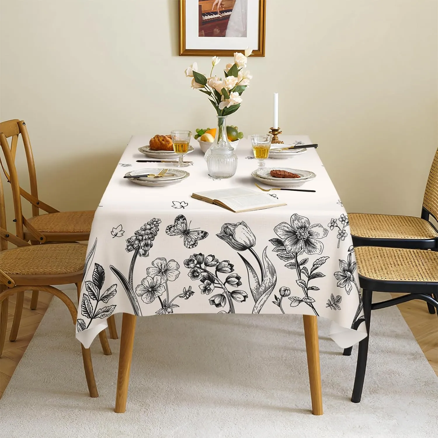 Spring Tablecloth,Green Plants Wild Fern Rectangle Watercolor,Black Flower,Waterproof Fabric,Oilproof Wrinkle Resistant Table Cover for Dining Table,Buffet Parties and Camping, (60" x 120")
