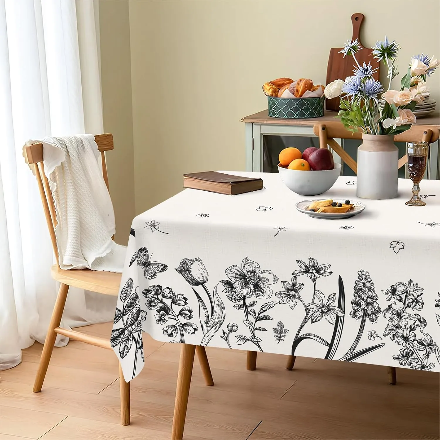 Spring Tablecloth,Green Plants Wild Fern Rectangle Watercolor,Black Flower,Waterproof Fabric,Oilproof Wrinkle Resistant Table Cover for Dining Table,Buffet Parties and Camping, (60" x 120")