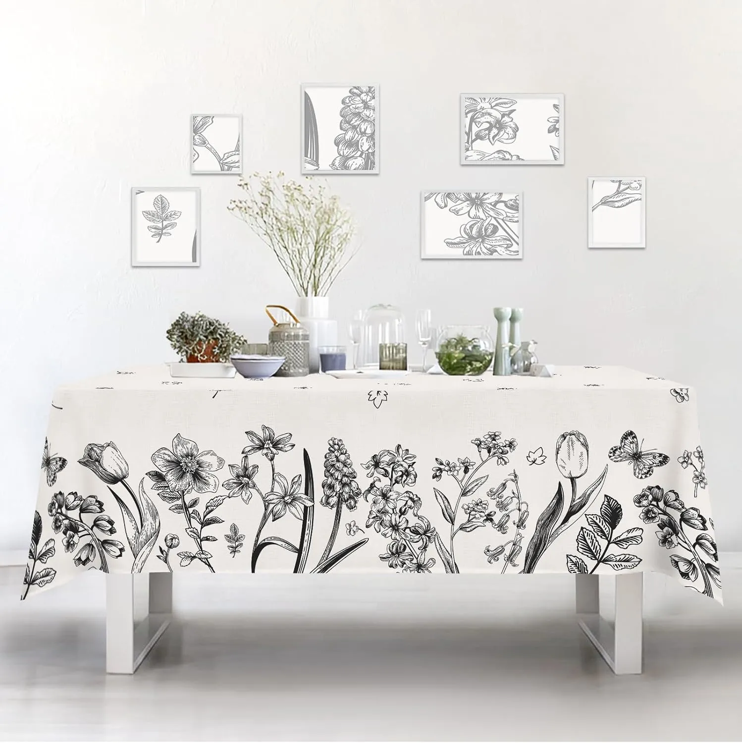 Spring Tablecloth,Green Plants Wild Fern Rectangle Watercolor,Black Flower,Waterproof Fabric,Oilproof Wrinkle Resistant Table Cover for Dining Table,Buffet Parties and Camping, (60" x 120")