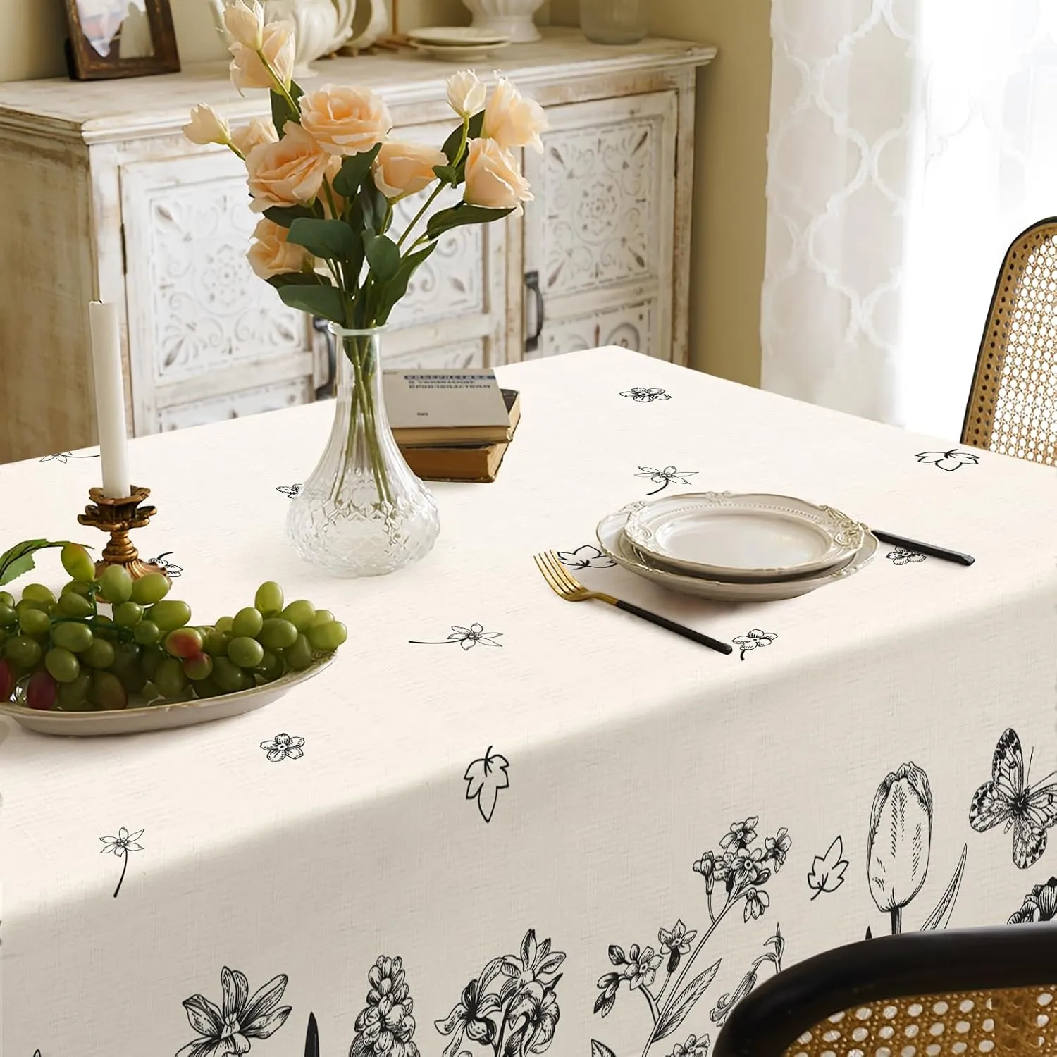 Spring Tablecloth,Green Plants Wild Fern Rectangle Watercolor,Black Flower,Waterproof Fabric,Oilproof Wrinkle Resistant Table Cover for Dining Table,Buffet Parties and Camping, (60" x 120")