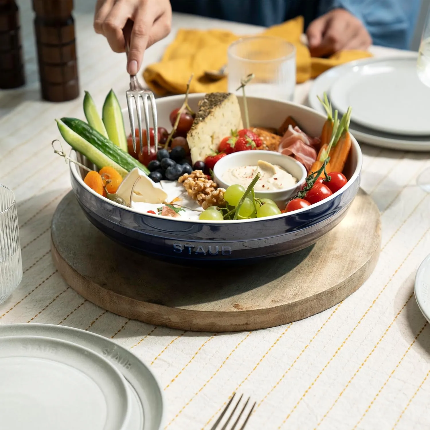 STAUB Stoneware Ramekins Ceramic 11.5-inch Shallow Serving Bowl-Dark Blue