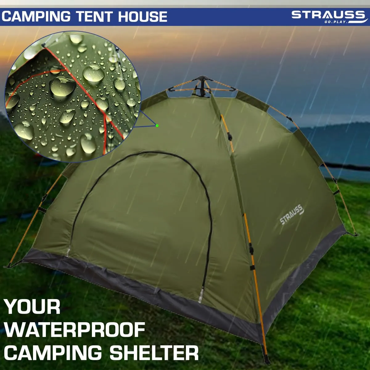 STRAUSS Portable Tent for Camping - Easy Setup in 5-10 Minutes | Waterproof, Windproof | 4 Person | Green