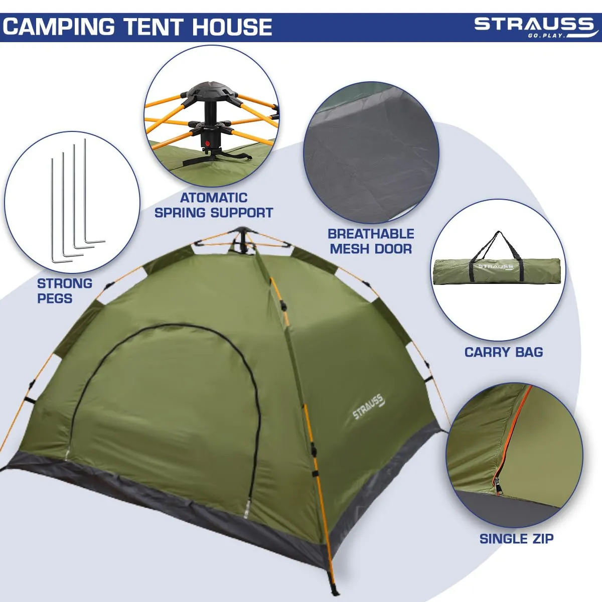 STRAUSS Portable Tent for Camping - Easy Setup in 5-10 Minutes | Waterproof, Windproof | 4 Person | Green